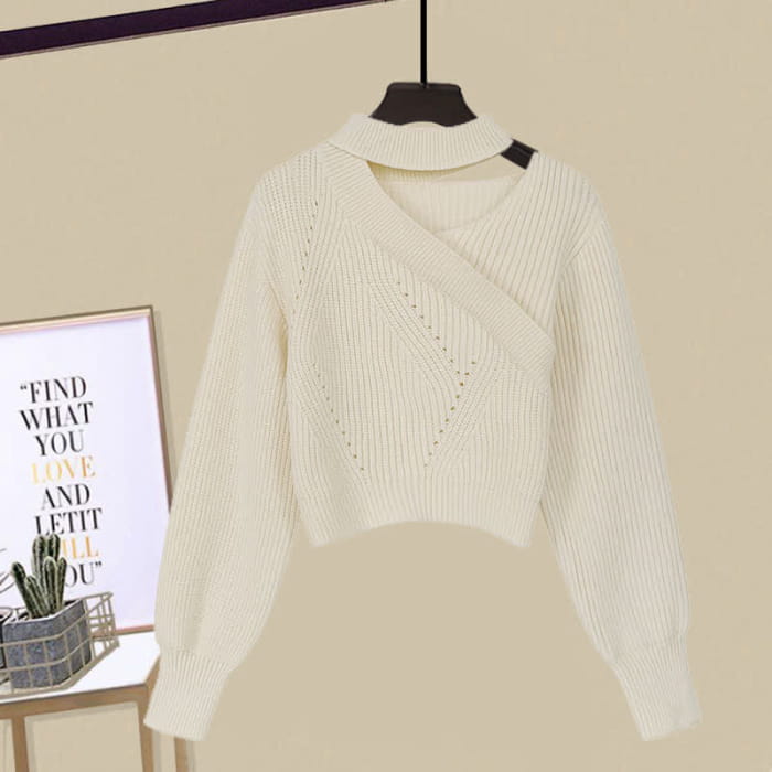 Oblique Elegant Sweater Flouncing Slip Dress - Creamy White