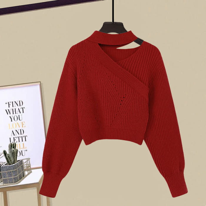 Oblique Elegant Sweater Flouncing Slip Dress - Red