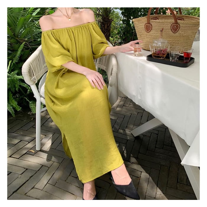 Off-Shoulder Plain Shirred Midi Sundress - Dresses