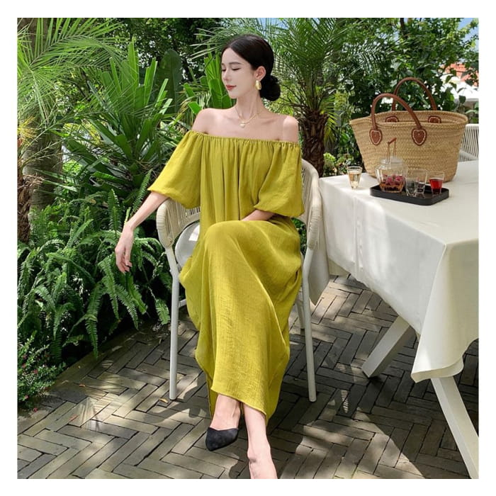 Off-Shoulder Plain Shirred Midi Sundress - Dresses