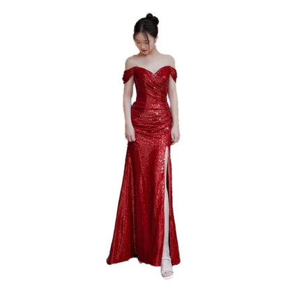 Off-Shoulder Sequin Side-Slit Trumpet Evening Gown - Dress