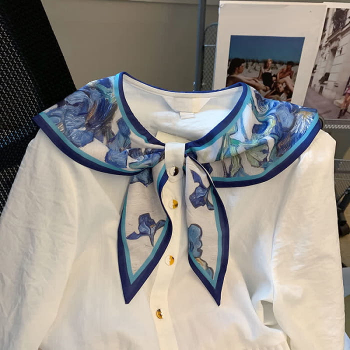 Oil Painting Print Blue Doll Collar Ruffled Shirt