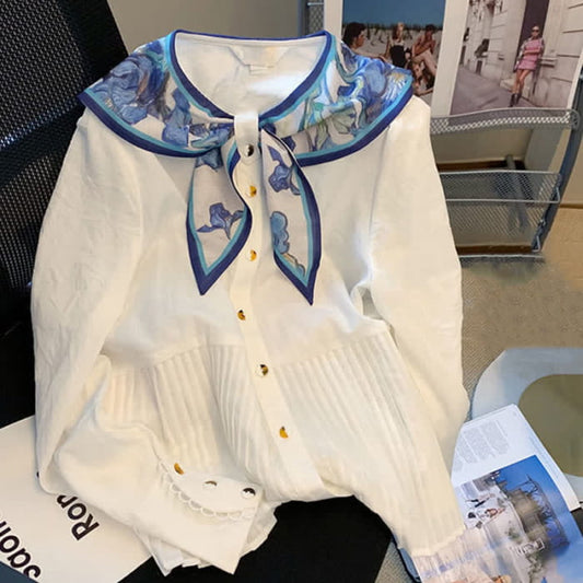 Oil Painting Print Blue Doll Collar Ruffled Shirt - White