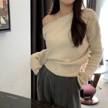 One-Shoulder Plain Sweater - Almond / One Size