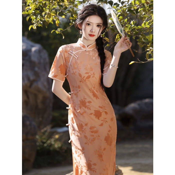Orange Floral Sleeveless Long Cheongsam - Female Hanfu