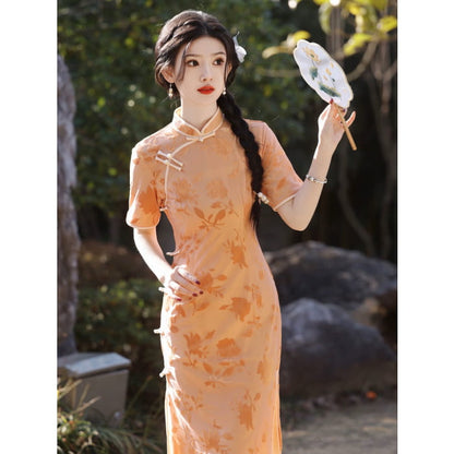 Orange Floral Sleeveless Long Cheongsam - Female Hanfu