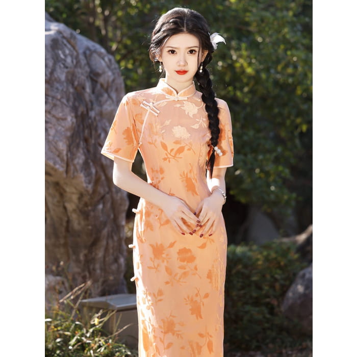 Orange Floral Sleeveless Long Cheongsam - Female Hanfu