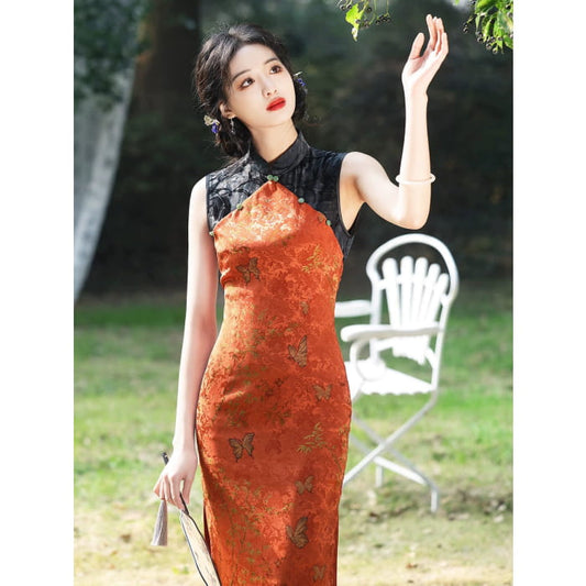 Orange Patterned Cheongsam Dress - Female Hanfu