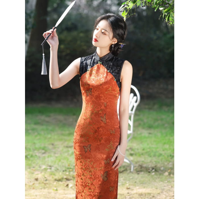 Orange Patterned Cheongsam Dress - S - Female Hanfu