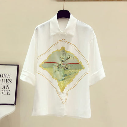 Painting Print Short Sleeve Chiffon Lapel Shirt - White / S