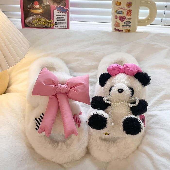 Panda Bow Fluffy Slippers