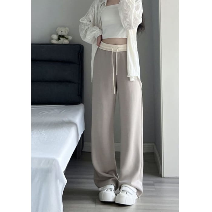 Paneled High Waist Drawstring Pocket Wide Leg Sweatpants