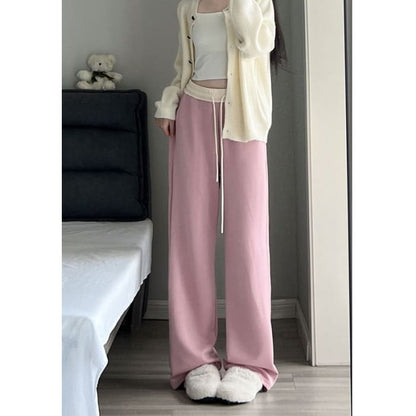 Paneled High Waist Drawstring Pocket Wide Leg Sweatpants