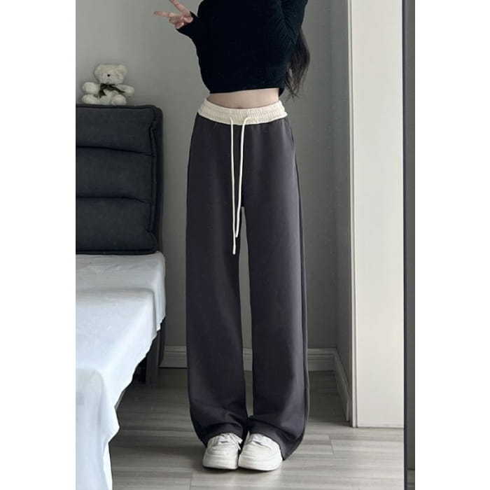 Paneled High Waist Drawstring Pocket Wide Leg Sweatpants