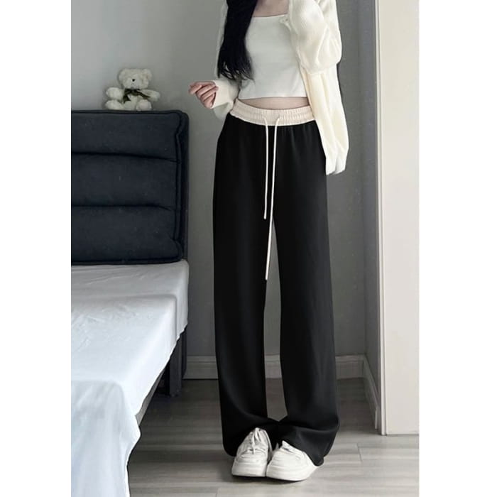 Paneled High Waist Drawstring Pocket Wide Leg Sweatpants