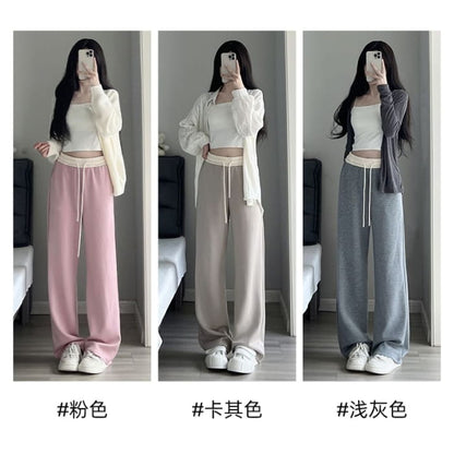 Paneled High Waist Drawstring Pocket Wide Leg Sweatpants