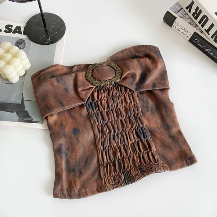 Patterned Print Buckled Shirred Tube Top - Dark Brown