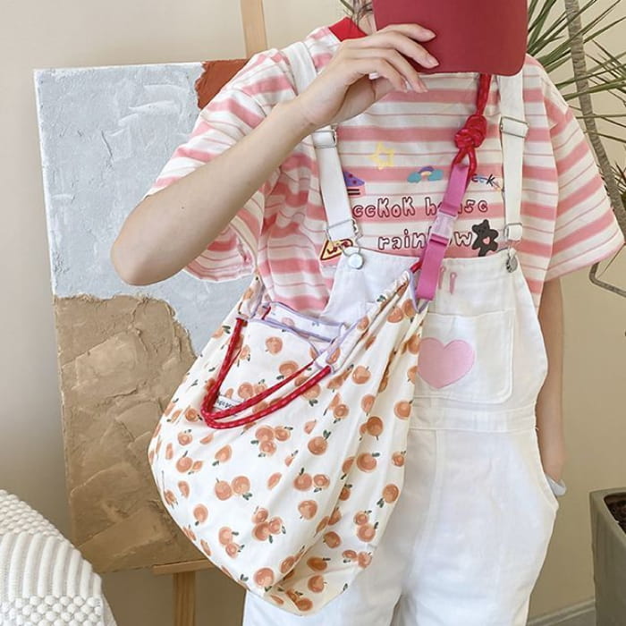 Patterned Print Tote Bag - With Shoulder Strap - 12 - Beige