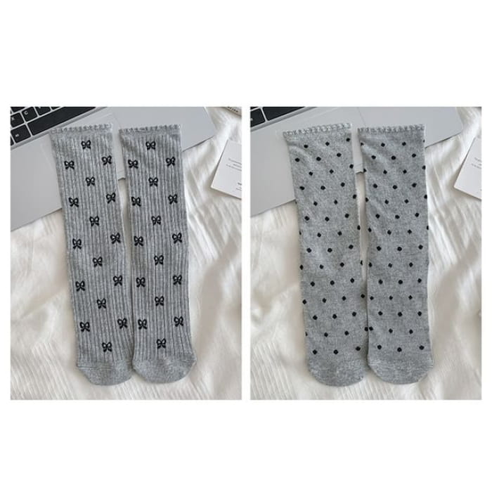 Patterned Socks / Set - Of 2 Pairs - Bow & Dots - Gray