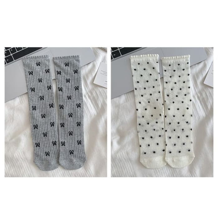 Patterned Socks / Set - Of 2 Pairs - Bow & Dots - Gray