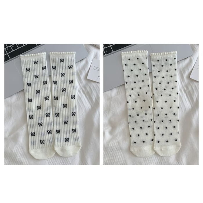 Patterned Socks / Set - Of 2 Pairs - Bow & Dots - White