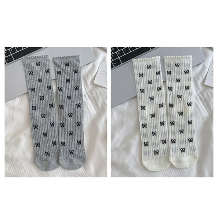 Patterned Socks / Set - Of 2 Pairs - Bow - Gray & White