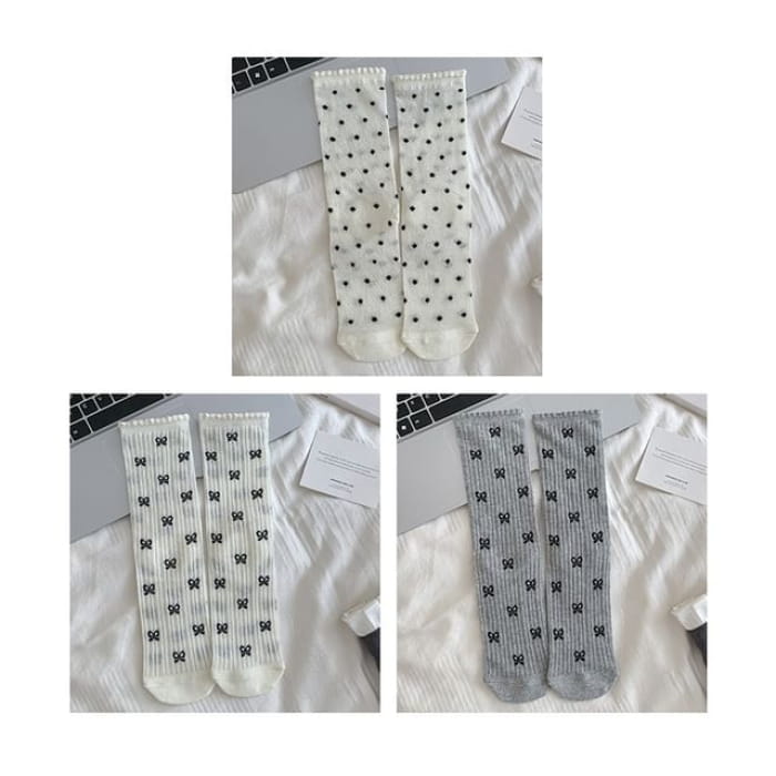 Patterned Socks / Set - Of 3 Pairs - Bow & Dots - Gray