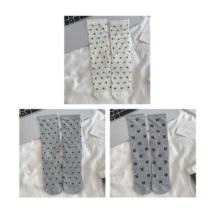 Patterned Socks / Set - Of 3 Pairs - Dots & Bow - Gray