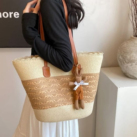 Patterned Straw Tote Bag / Charm / Set