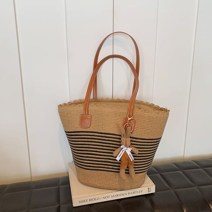 Patterned Straw Tote Bag / Charm / Set - of 2 - & - Stripe