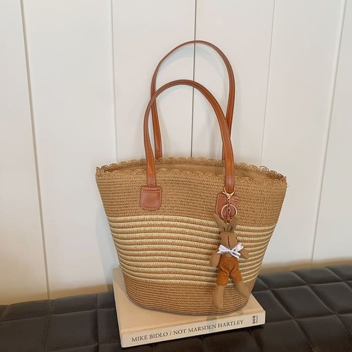 Patterned Straw Tote Bag / Charm / Set - Stripe - Khaki