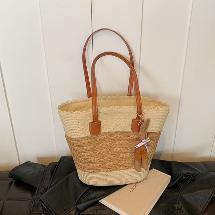 Patterned Straw Tote Bag / Charm / Set - Wide Stripe