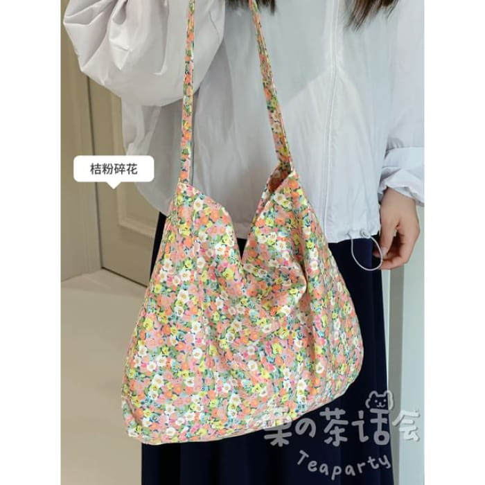 Patterned Tote Bag / Charm / Set - Floral - Pink & Blue