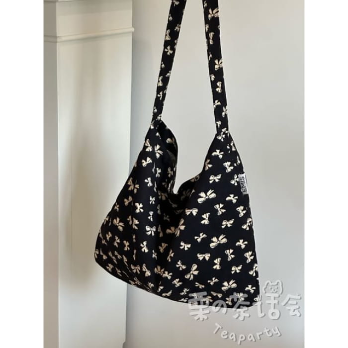 Patterned Tote Bag / Charm / Set - White Bow - Black