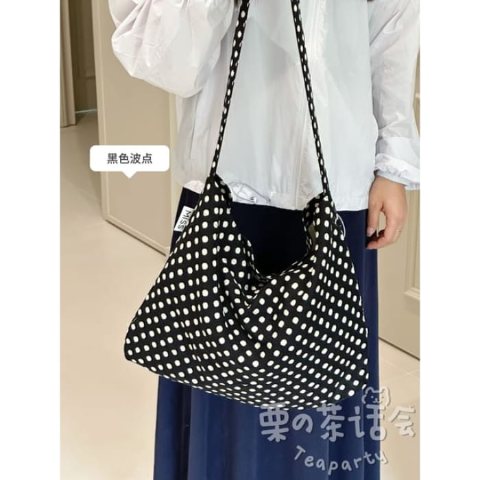 Patterned Tote Bag / Charm / Set - White Dot - Black