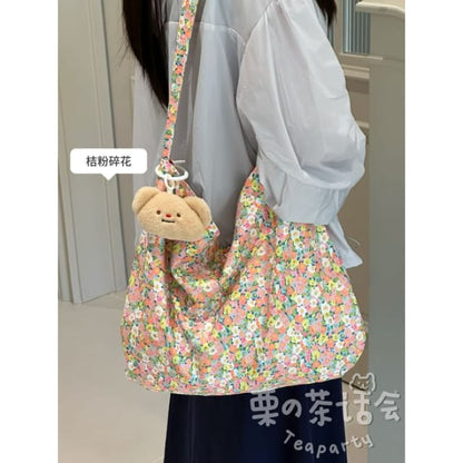 Patterned Tote Bag / Charm / Set - With Bear Head - Floral