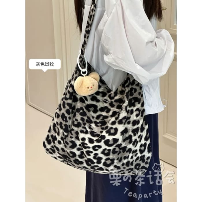 Patterned Tote Bag / Charm / Set - With Bear Head - Leopard