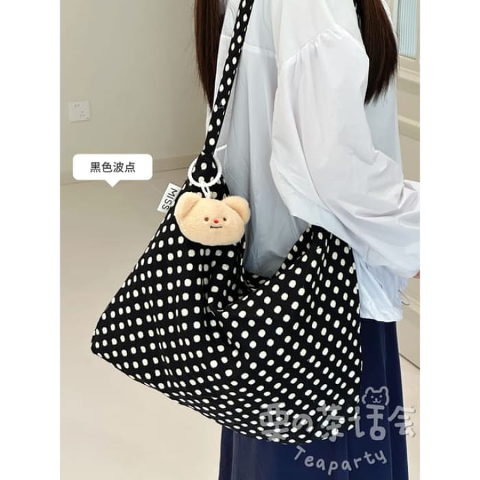 Patterned Tote Bag / Charm / Set - With Bear Head - White