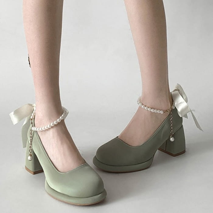 Pearl Buckle Thick Heel Mary Jane Shoes