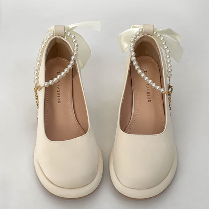 Pearl Buckle Thick Heel Mary Jane Shoes - Apricot / 35