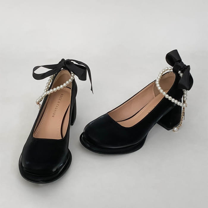 Pearl Buckle Thick Heel Mary Jane Shoes - Black / 35