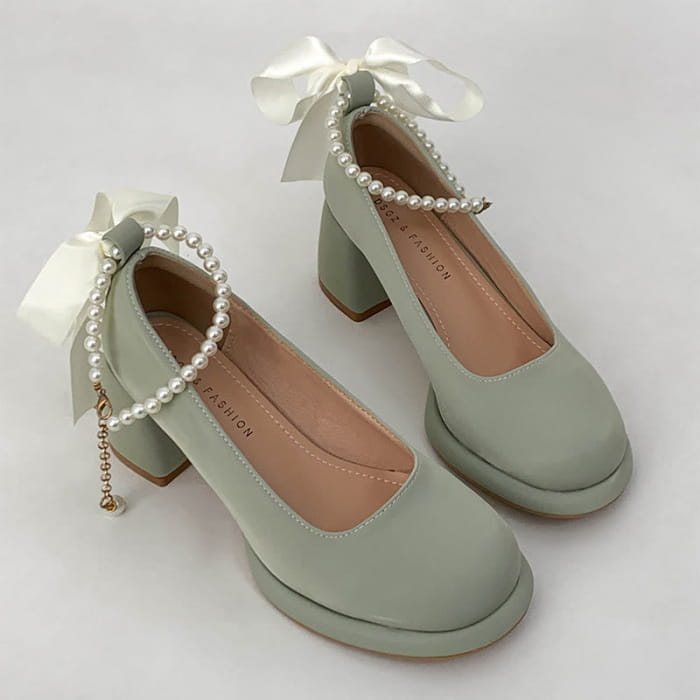 Pearl Buckle Thick Heel Mary Jane Shoes - Green / 35
