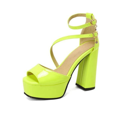 Peep Toe Platform Chunky Heel Sandals - Neon Green / 34