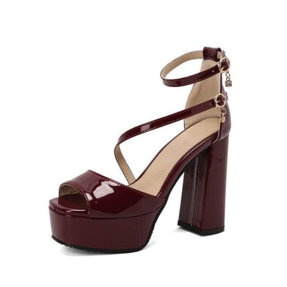 Peep Toe Platform Chunky Heel Sandals - Wine Red / 34