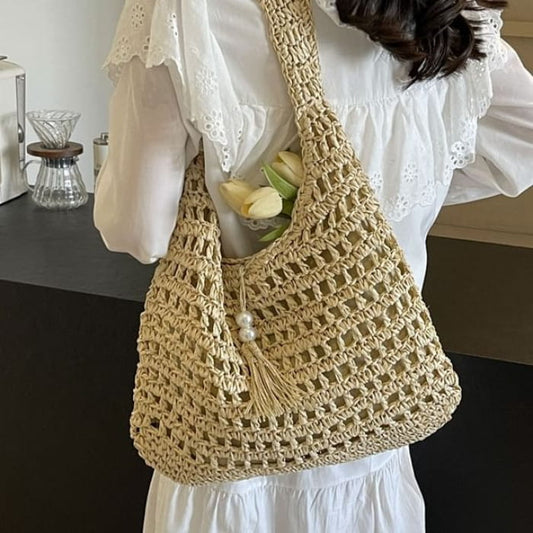 Perforated Tasseled Plain Tote Bag