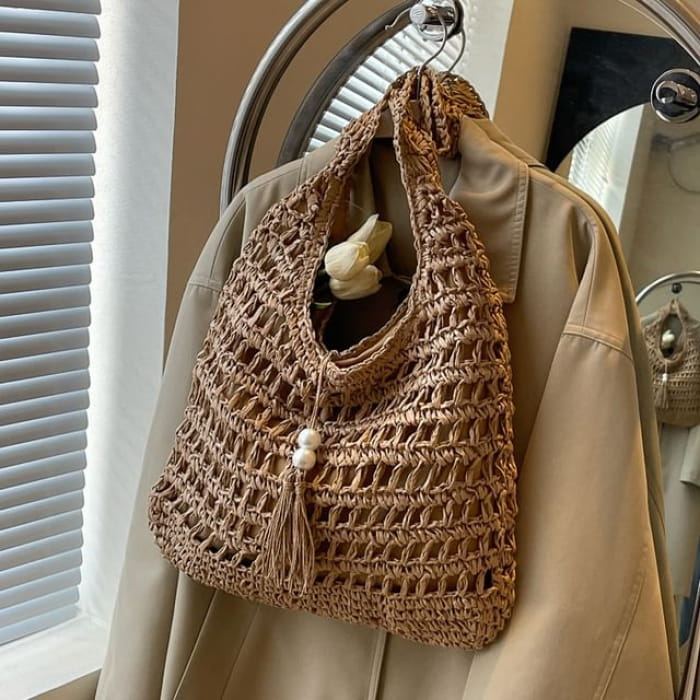 Perforated Tasseled Plain Tote Bag - Khaki / One Size