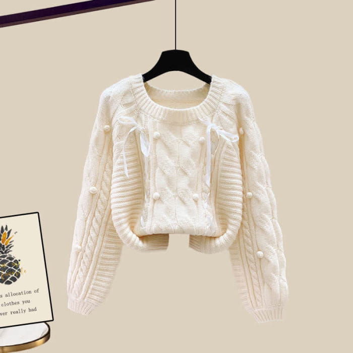 Pills Decor Cable Knit Sweater Skirt Set - Apricot / M