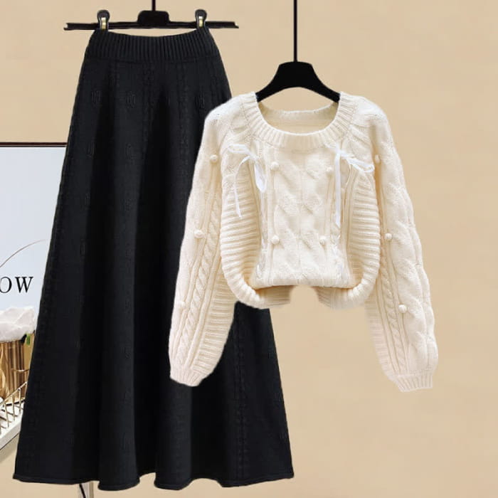 Pills Decor Cable Knit Sweater Skirt Set - Apricot Sweater