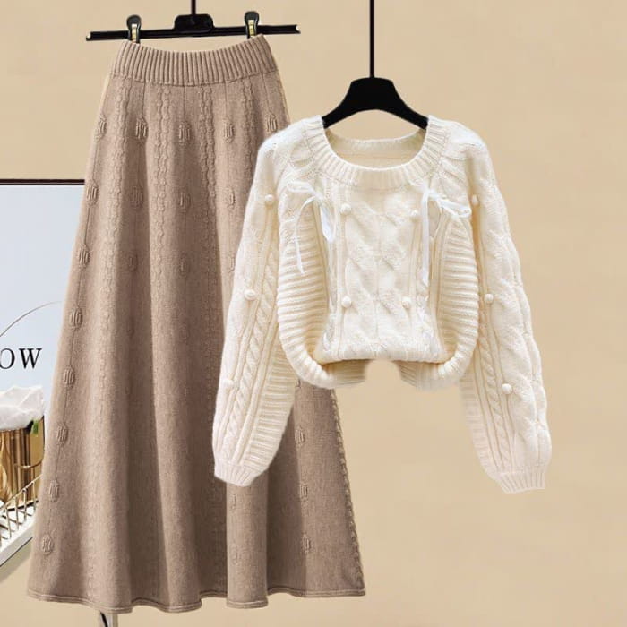 Pills Decor Cable Knit Sweater Skirt Set - Apricot Sweater