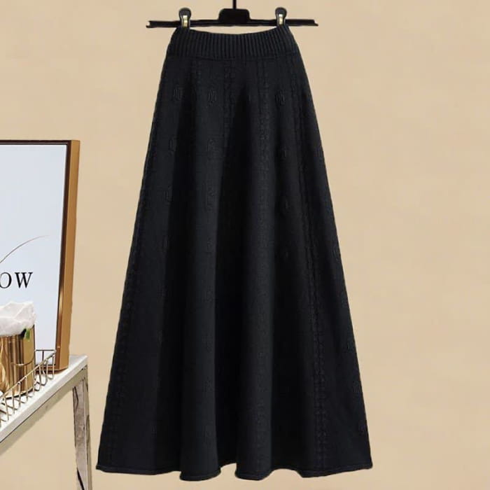 Pills Decor Cable Knit Sweater Skirt Set - Black Skirt / M